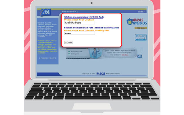 Pertama tama silahkan login menggunakan User ID dan Password ke situs internet banking BCA Individu di ibank.klikbca.com