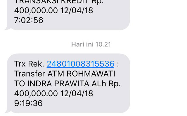 Contoh SMS Banking BRI Transfer Antar Bank